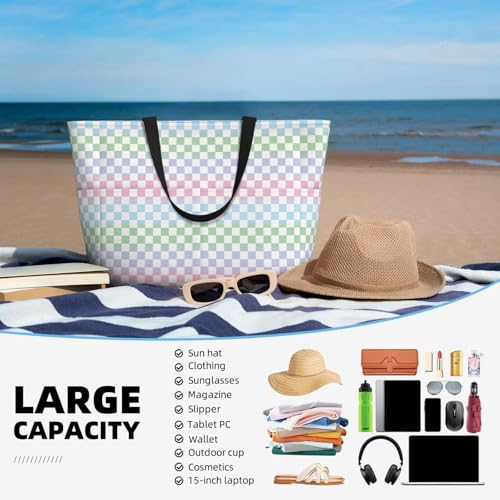 Large Beach Bags Water-resistant Sandproof - Colorful Checkerboard Cute Beach Tote Bags for Women with Zipper4