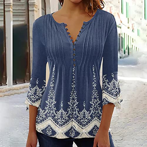 Bohemian Tops for Women Trendy 2023 Sexy Elegant t-Shirt Boho Floral Print 3/4 Bell Sleeve v Neck Shirts Blouse Blue L