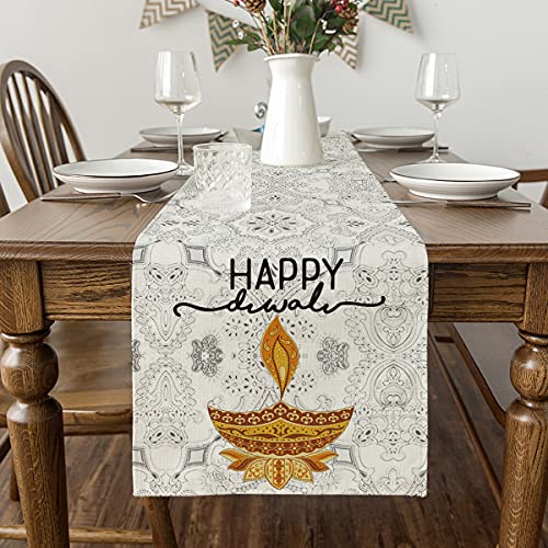 Artoid Mode Happy Diwali Table Runner, Indian Festival Of Light Marigold Holiday Kitchen Dining Table Decoration For Home Party Decor 13X72 Inch #TOP3