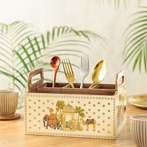 Image of Wooden Cutlery Holder with Gold Engraving | Pack of 1 | Size : 9 x 7 x 5.5 inch | Enamel Coated Waterproof | Cutlery Holder for Dining Table | (Royal Camel)