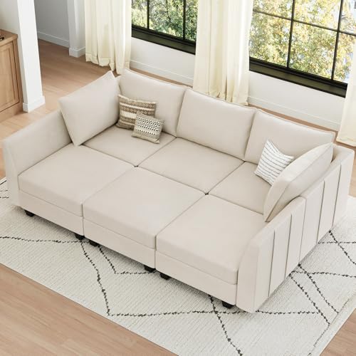 Belffin Modular Sectional Sofa Sleeper Sectional Couch with Storage Velvet Sofa Bed for Living Room, 6 Seats, Beige Beige 6 Seats - Sleeper