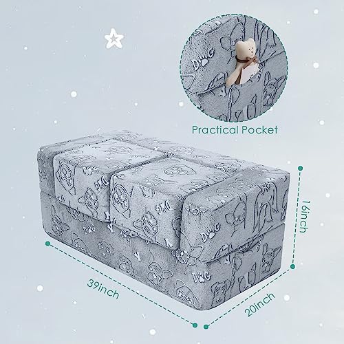 MeMoreCool Kids Sofa Couch, Glow-in-The-Dark Plush Cover, Convertible Foam Loveseat with Armrests & Pocket, Gray Dog Pattern, Playroom & Bedroom Children’s Furniture, 39" x 20" x 16" - Thumbnail 2