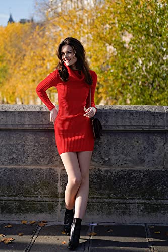 Image of v28 Sweater Dress for Women Ribbed Knit Fitted midi Sexy Fall Winter Bodycon Cowl Neck Dresses