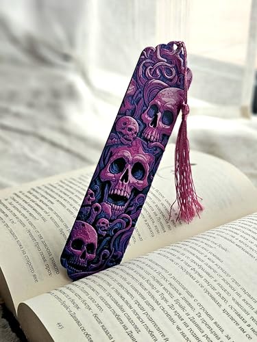 Image of Magenta Skull Bookmark with Tassel - Gothic Skull Design | Washable, Lightweight Bookmark for Books & Journals | Durable Bioplastic
