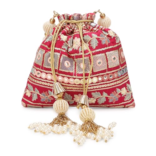 Image of LONGING TO BUY Indian Embroidered Pearl Potli Bag For Women, Sequence Design with Tassel, Wedding Potli Bags