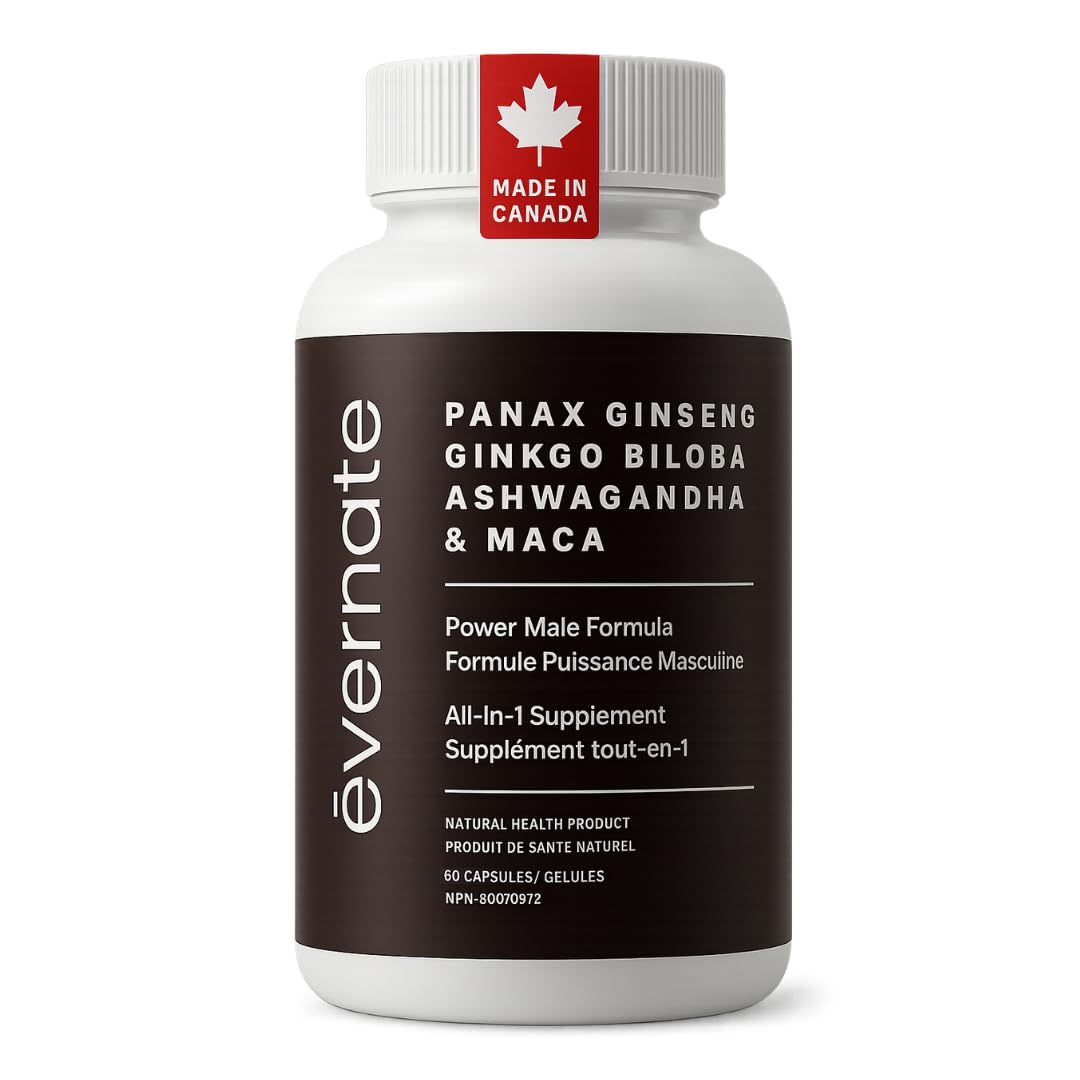 ALL-IN-ONE Maca 3000 mg and Ginkgo Biloba 6000 mg, Panax Ginseng 800mg, Tribulus 1000mg, Tongkat Ali, L-Arginine, and Ashwagandha– Natural Energy and Vitality Support – 2 Capsules per Serving, Made in Canada