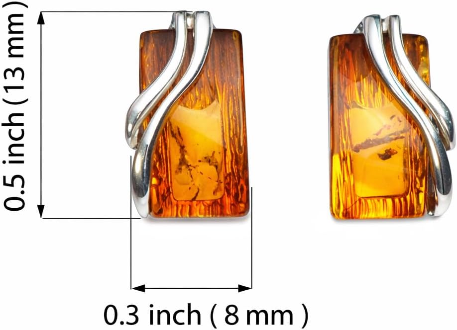 Ewa Baltic Honey Amber Stud Earrings in 925 Sterling Silver – Genuine Rectangle Amber Post Back Earrings, Handmade in Poland, Gift for Women