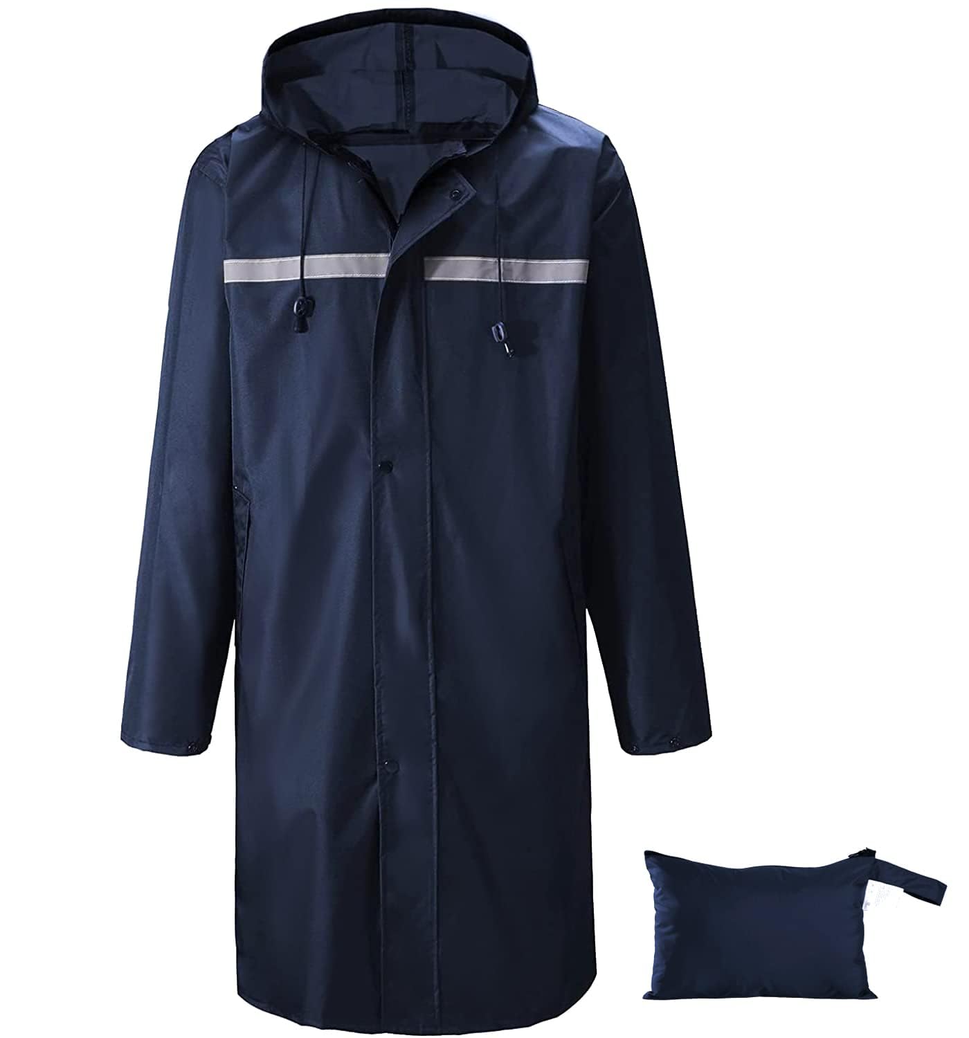 AIMLYXEE Men’s Waterproof Hooded Raincoat, Lightweight Packable Windproof Long Rain Jacket with Reflective Strip, Navy, L