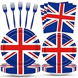 Geodurn 100 Pcs UK Flag Tableware – Serves 25, Disposable Union Jack Party Supplies Set, Includes Paper...