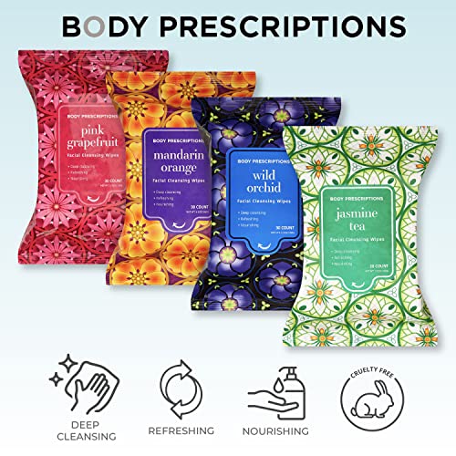 Image of Body Prescriptions Makeup Remover Wipes - Bulk Pack, Gentle Cleansing Wipes for Easy Makeup Removal, Mandarin, Orchid, Grapefruit, & Jasmine Tea