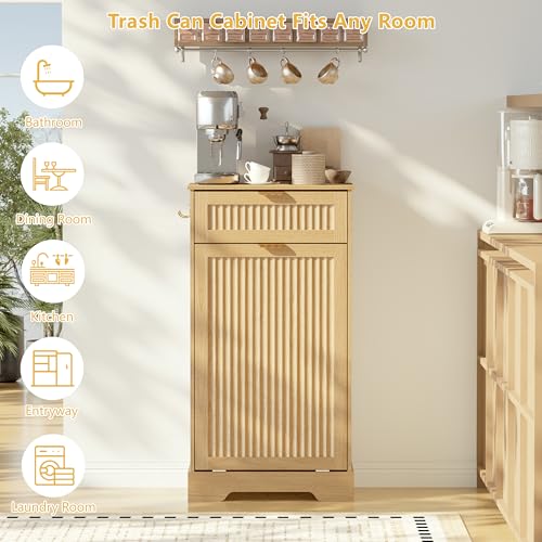 Image of Single 13 Gallon Tilt Out Trash Can Cabinet,Garbage Cabinet with Drawer | Hidden Garbage Storage with Fluted Design, Drawer & Hooks for Kitchen, Dining Room and Small Space Organization,Natural Oak