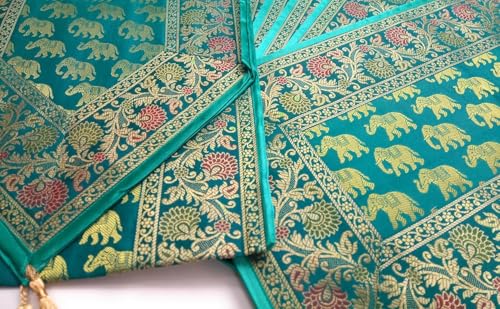 Image of Diwali Room Decor Silk Table Runner Placemats Tea Coaster Set for Living Room 4 to 6 Seater Dinning Table Table Mat Set Centre Table Top Decor Pack of 13 Pcs (Green)