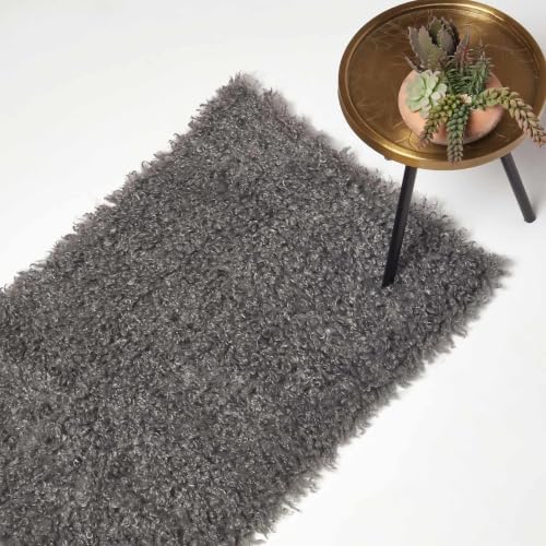 Image of HOMESCAPES Grey Fluffy Rug – Small Luxury Shaggy Bedroom Carpet 60x90cm