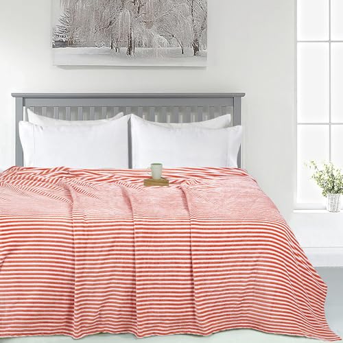 Image of BSB HOME Premium Jacquard Plush Double Blanket | 300 GSM Lightweight Cozy Soft for Bed, Sofa, Couch, Travel & Camping| 220x230 cm or 86x90 inches|Orange & White
