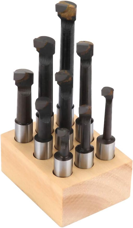 9pcs 3/8" Boring Bar Set, HSS Round Shank Metal Lathe Accessories Lathe Tools Milling Tools Kit with Base