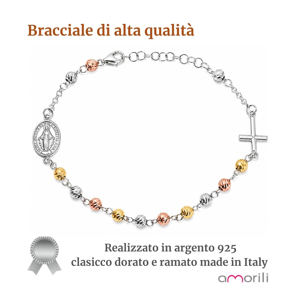Bracciale Rosario Donna in Argento 925 con Grani Tre Colori Classico Dorato e Ramato – Simbolo Cattolico Cristiano di Fede Religioso – Braccialetto Elegante bcc1200b