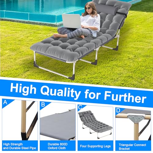 EVGTTI Portable Folding Camping Cot, Oversize 28.7in Adjustable 5-Position Adults Reclining Lounge Chairs with Pillow, 500 lb Weight Capacity, Heavy Duty Oxford Cloth 800D with Mattress