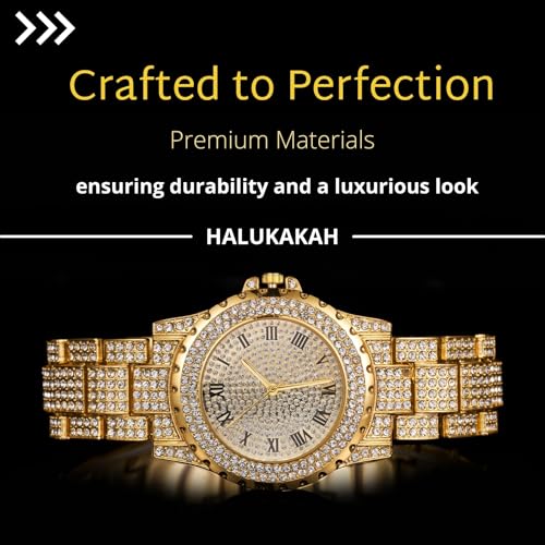 Halukakah Diamonds Gold Watch Iced Out for Boy Teens Kids - 18K Real Gold/Platinum Plated, 39mm Round Dial, Japanese Quartz - 7.5" Length - Optional with Cuban Link Chain - for Birthday, Parties4