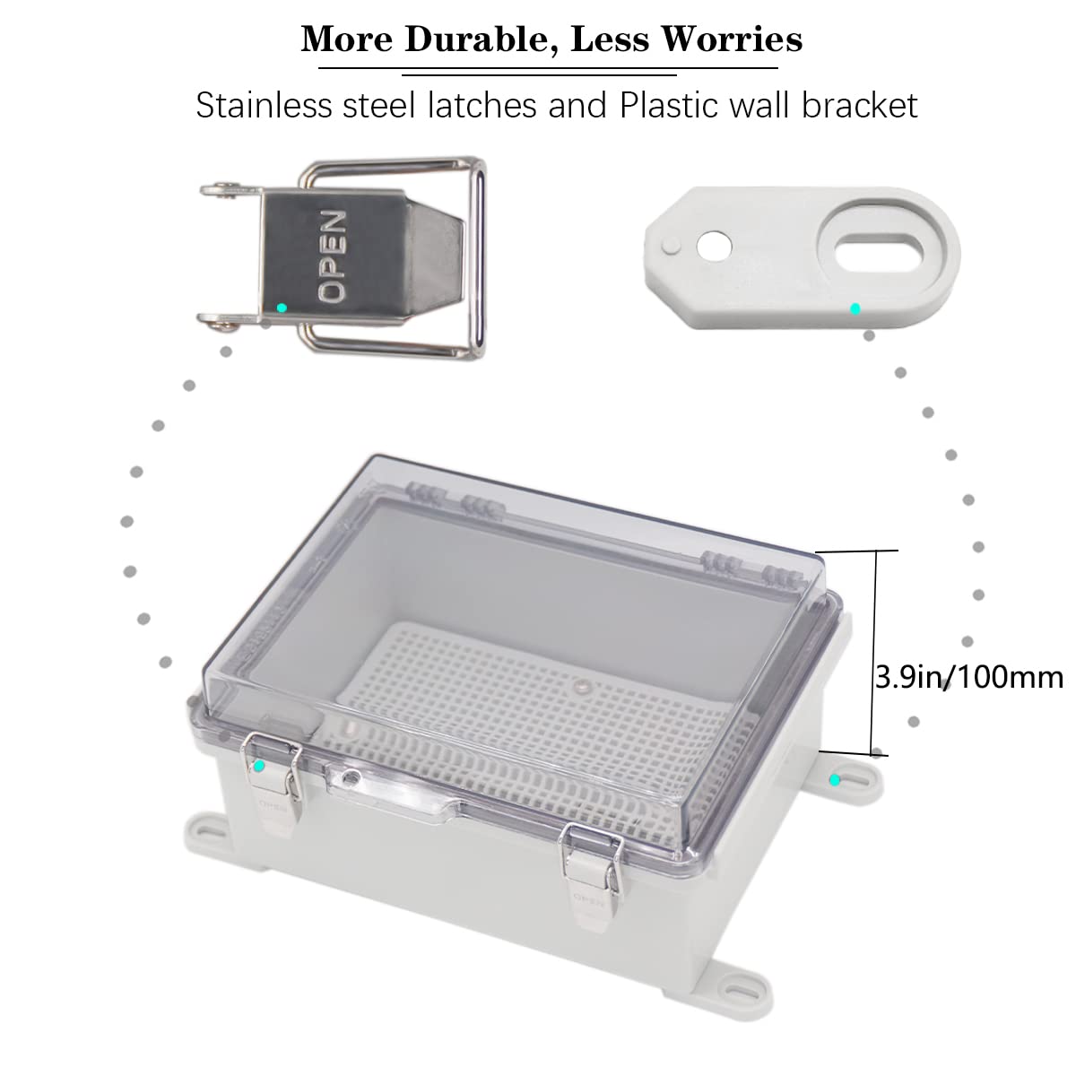 Zulkit Junction Box,IP67 Waterproof Electrical Box Hinged Clear Cover Stainless Steel Buckle Plastic Project Enclosure w Mounting Plate Wall Bracket and 2 Cable Gland 8.3"x6.3"x3.9"/210x160x100mm