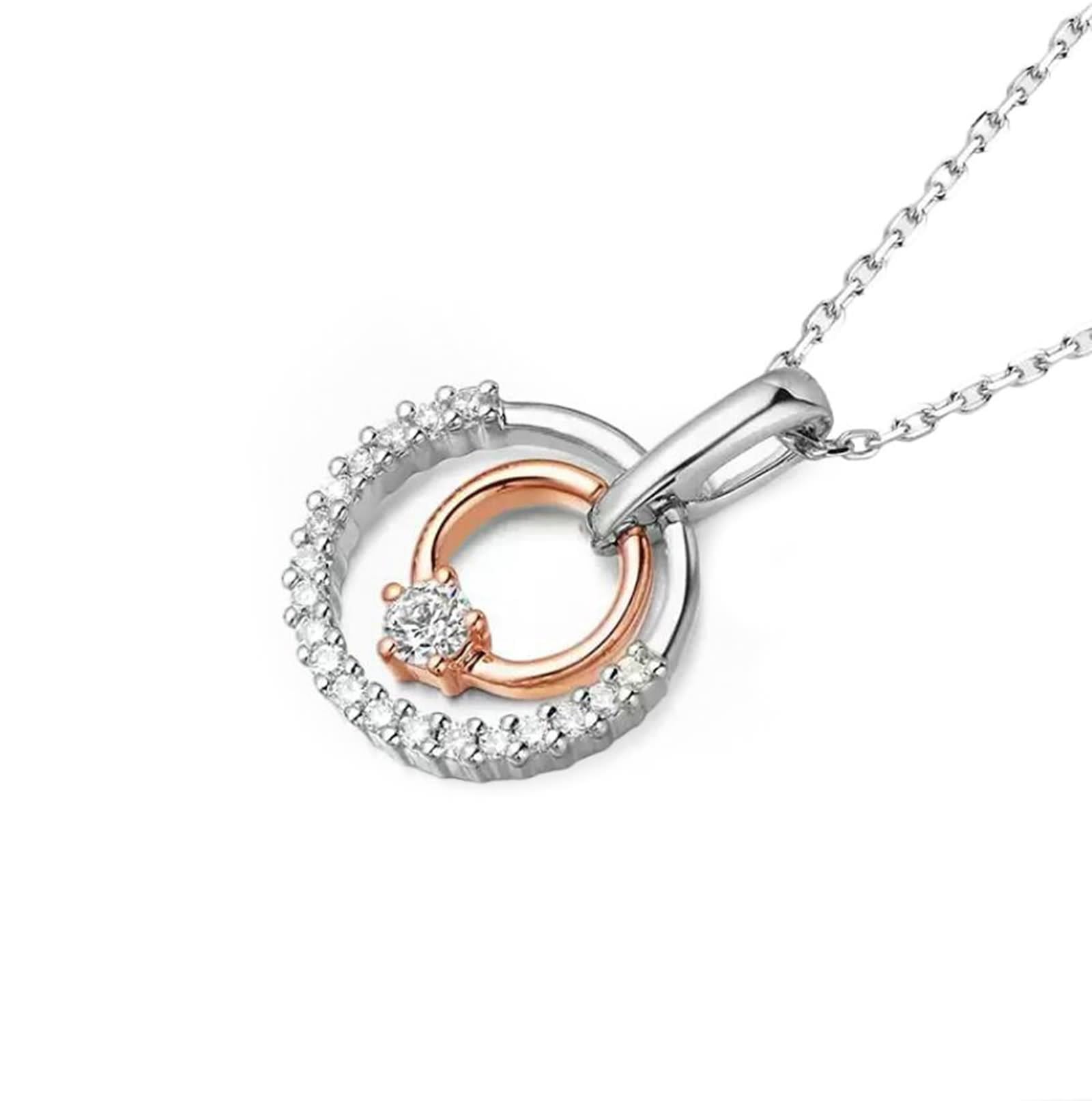 Łańcuszek na szyję długi dla kobiet, modna biżuteria, łańcuszek wisiorek podwójne koło z diamentem 0,01 ct różowe złoto + platyna, 45 cm