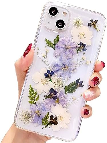 AMART for iPhone 13 Case Flowers, Clear Cute Glitter Pressed Dried Flower Design Transparent Soft TPU Rubber Slim Protective Floral Women Girls Cover for iPhone 13 (Pink Gypsophila)