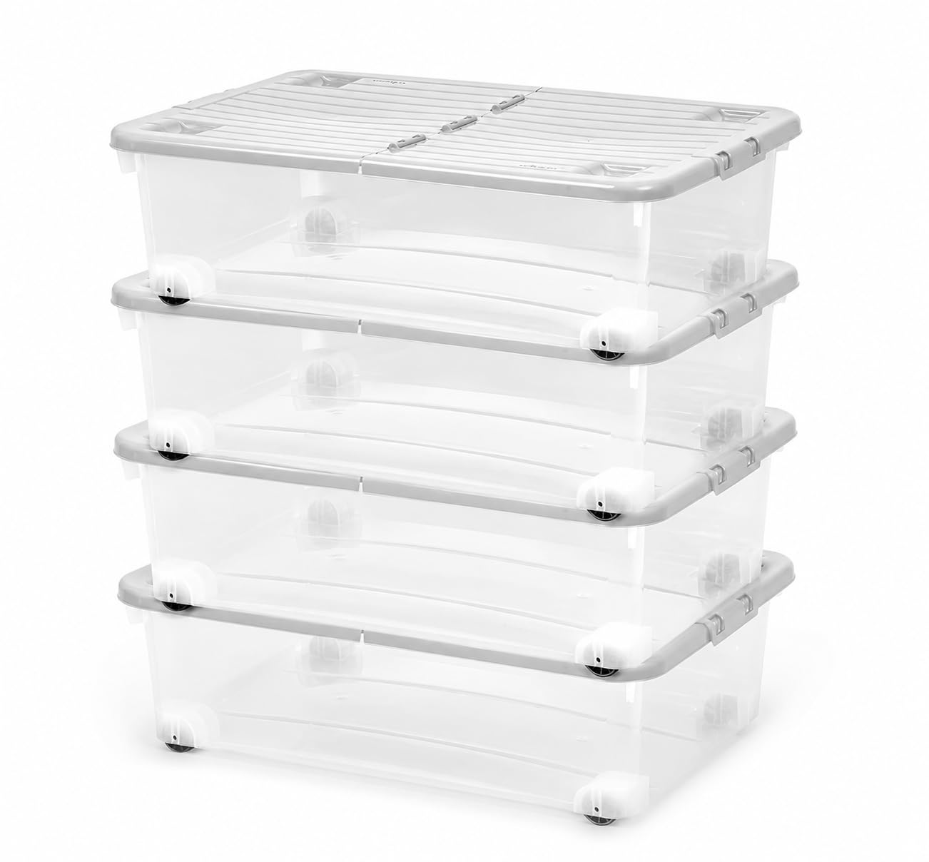 Pack of 4 Under Bed Storage Boxes with Wheels & Lids 32L Clear Plastic Stackable Storage Containers Clothes Bedding Shoes Seasonal Storage Easy Access Rolling Underbed Organiser 60cm x 40cm x 18.5cm