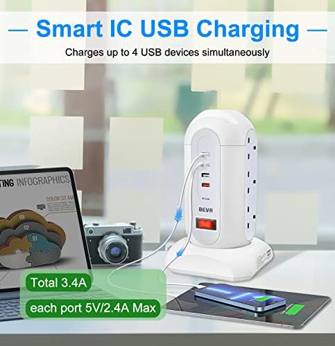Tower Extension Lead, BEVA Surge Protected Extension Lead with 4 USB Slots 9 AC Outlets, UK Tower Power Strip with 1.65M Retractable Cable, Multi Plug Extension Socket with Switch for Home Office