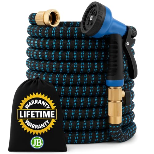 J&B XpandaHose 100ft Expandable Garden Hose – Ultra-Strong 3750D, 4-Layer Latex Core, Brass 3/4' Connectors, 10-Pattern Nozzle & Storage Bag – Lightweight, Kink-Reducing, Leak-Resistant