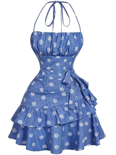 Image of Narecte Summer Dresses for Women,Tie Halter Mini Dress,Floral Print Short Dress,Ruffle Trim Casual Dresses