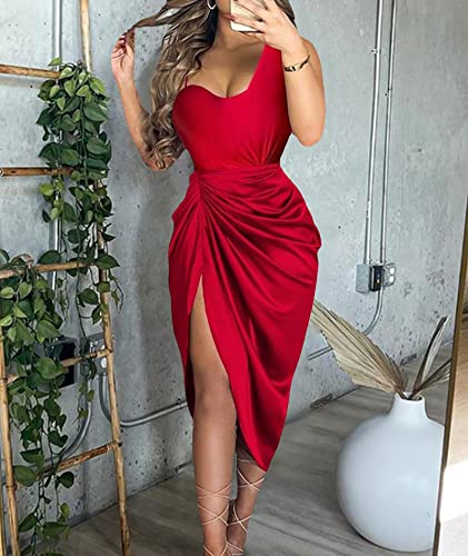 Image of xxxiticat Women's Ruched Midi Dress Sleeveless Spaghetti Straps One Shoulder Asymmetric High Split Slip Party Dress