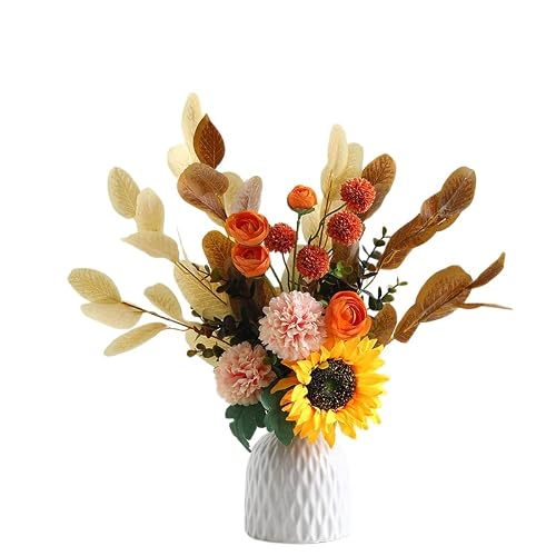 FURN ASPIRE Combo Set Of Ceramic Vase And Hand Made Artificial Flowers Bouquet (Vase1), Blue