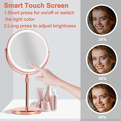 Furgatti Lighted 4000 Mah Rechargeable Vanity Mirror With 3 Color Lights,1X/10X Light Up Makeup Mirror With Lights And Magnification, Led Vanity Mirror With Touch Control For Makeup,Rose Gold #TOP5