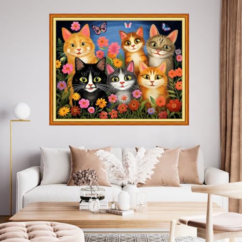 Image of Findvoor Stamped Cross Stitch Kits for Beginner Embroidery Kits for Beginners Adults DIY 11CT Cross Stitch Patterns Needlepoint Kits Crossstitching Kits-The Cat Family 16x20 inch