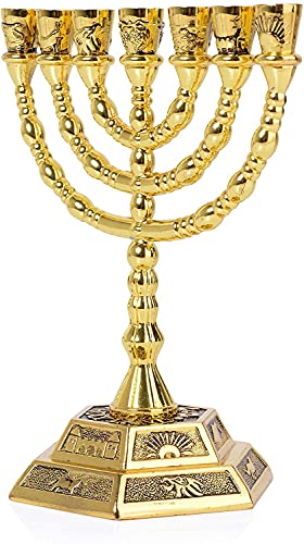 BRTAGG Menorah 7 velas, 12 tribos de Israel menorá, castiçal judaico do templo de Jerusalém (13cm de