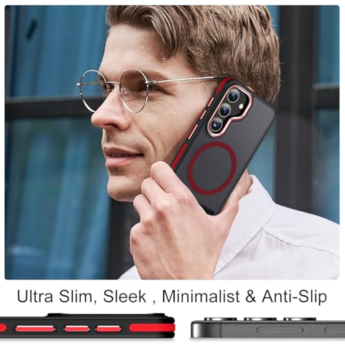 Magnetic for Samsung Galaxy S24 Fe Case with Stand Fits for Magsafe Anti Slip Hybrid Color Translucent Cover Slim Case for Galaxy S24 Fe Shockproof Drop Protection BlackRed