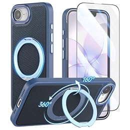 Eastcoo for iPhone 17e Case, Magnetic Cases Compatible with MagSafe, Technical Fabric Carbon Fiber Design with 360 Ring Stand,Skin-Feel Shockproof PC Phone Cover with Screen Protector Blue