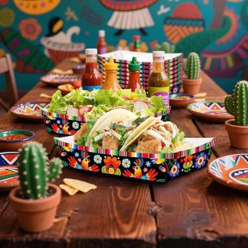 Bandejas de comida con diseño de rayas de serape floral hechas de papel desechable resistente pack 30 7