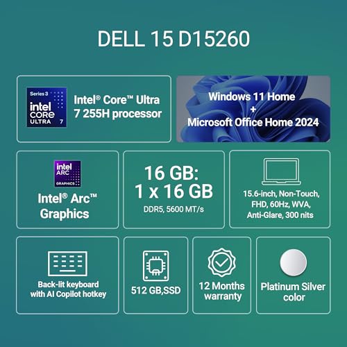 Image of Dell 15 Ai Powered Laptop, Intel Core Ultra 7 255H, 16GB DDR5 RAM, 512GB SSD, 15.6 inch FHD Anti-Glare Display, Intel Arc Graphics, Backlit Keyboard, Dedicated Copilot Key, Silver, Win11 Home + MSO H&S'24
