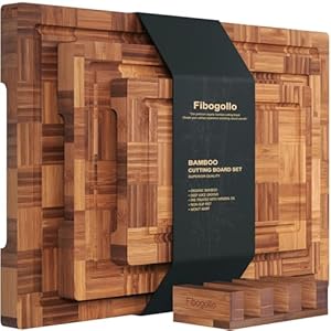 Bamboo Cutting Boards for Kitchen,Chopping Boards Set with Juice Groove,End Grain Bamboo Butcher Block,Serving Board with Holder(3 Pcs)