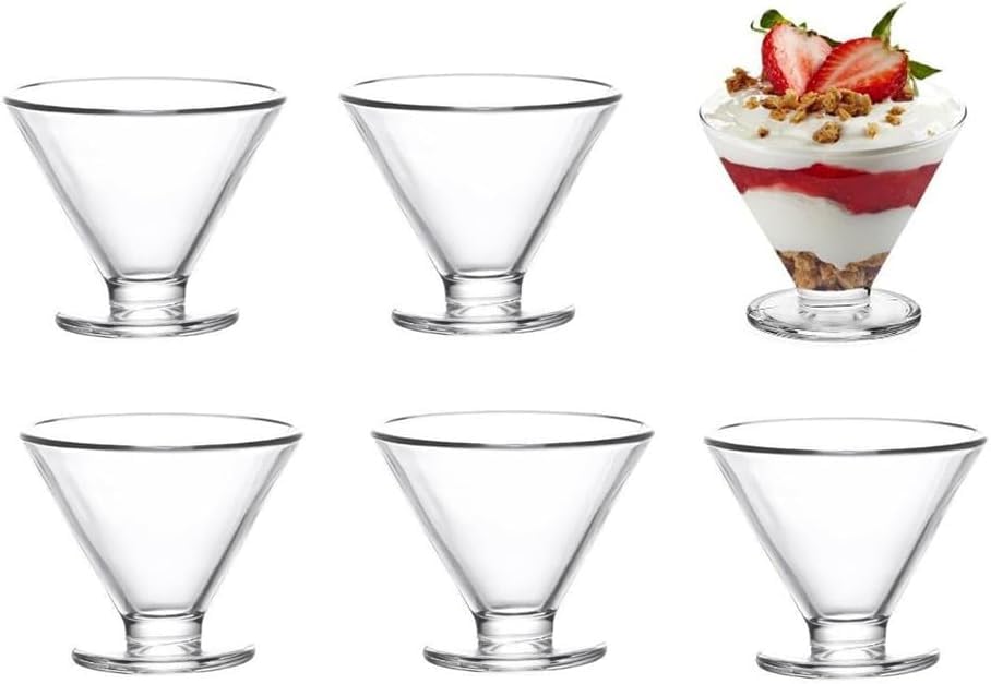 Image of Glassbunny 175ml Clear Footed Glass Dessert Bowls V Shape Glass Ice Cream Bowl for Sundae, Salad, Cocktail, Condiment, Pudding, Snack, Fruit, Transparent Pack of 6