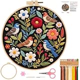 Bird Embroidery Kit for Beginners, Floral Hand Embroidery Starter Kit with 6 Inch Hoops, Pre-Printed...