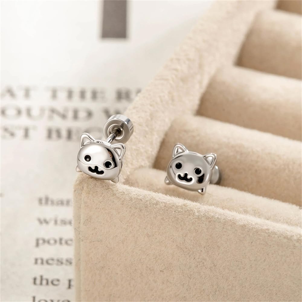 20g Cute Cat Flat Screw Back Small Stud Earrings for Women Men Titanium Steel Silver Plated Lovely Kitten Animal Pet Cartilage Helix Tragus Piercing Sleeper Tiny Studs Hypoallergenic Jewelry for Her - Image 4
