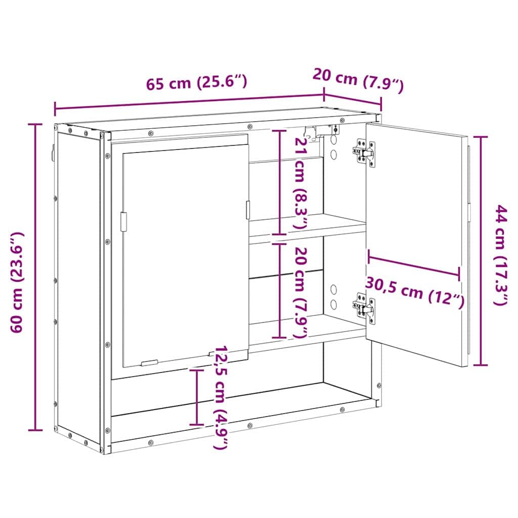 Scaffale da parete in legno anticato, 65 x 20 x 60 cm, con 3 ripiani e 2 ante, montaggio a parete per mobili da bagno e soggiorno, con ripiano e specchio, ideale come mobile sottolavabo