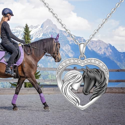 Horse Necklace for Women 925 Sterling Silver Black Horse Pendant Necklace Horses Gifts Heart Mothers Day Equestrian4