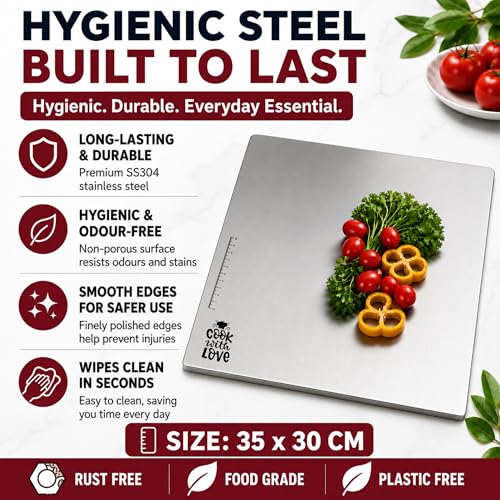 Image of OrganizeMee Premium (35.8 cm x30cm) Stainless Steel Chopping Board | Steel Kitchen countertop for Cutting, Vegetable Chopper, for Meat & Veggies Items, Chopping Board Steel pad (Medium Platform)