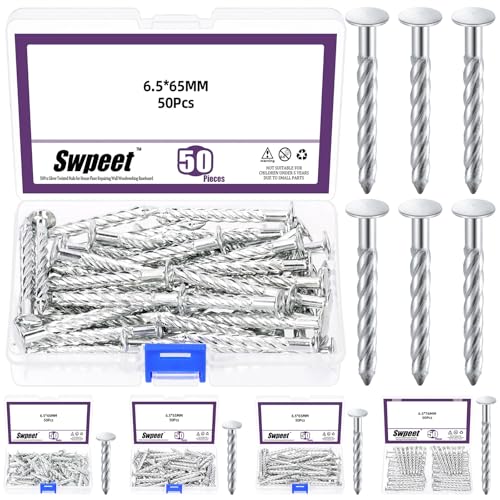 Swpeet 50Pcs 6.5 x 65mm Galvanized Thread Twist Nail Kit, Concrete Wall Nail 304 Stainless Steel Cement Nails Galvanized Solid Nails for Woodworking