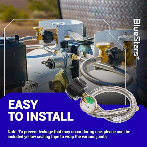 [1/4” Inverted Male Flare] BlueStars 15 inch RV Propane Hoses with Gauge - Connects QCC1, Stainless Steel Braided Camper Propane Pigtail for 5lb - 40LB Tank to 2-Stage Regulator - 2 Pack, with Tape by BlueStars - Used condition - Image 9