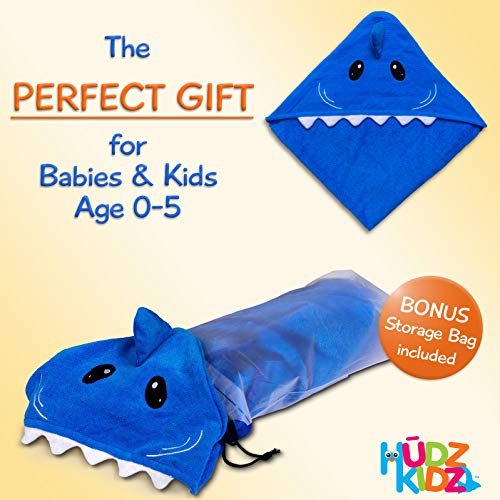 Image of Hudz Kidz Hooded Baby Shark Towel, Soft 100% Cotton, Perfect for Newborn Through Toddler (Blue)