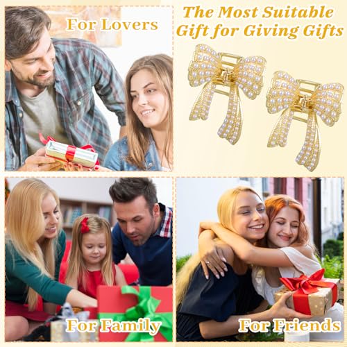 Bow Hair Clips Bow Pearl Claw Clips for Women Small Cute Gold Hair Claw Barrettes Pearl Accessories for Women and Girls Metal Hairclip Non Slip Jaw Hairpins (Pack of 2) - Thumbnail 6