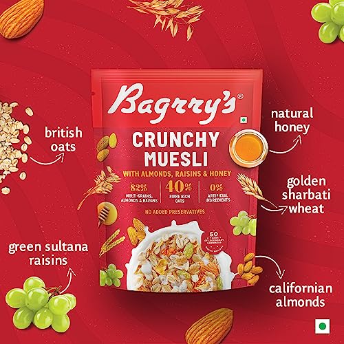 Image of Bagrry's Crunchy Muesli | 40% Fibre Rich Oats with Bran | 82% Multi Grains, Almonds, Raisins & Honey | Breakfast Cereal | Natural Muesli, 500 GM (Pack of 2)